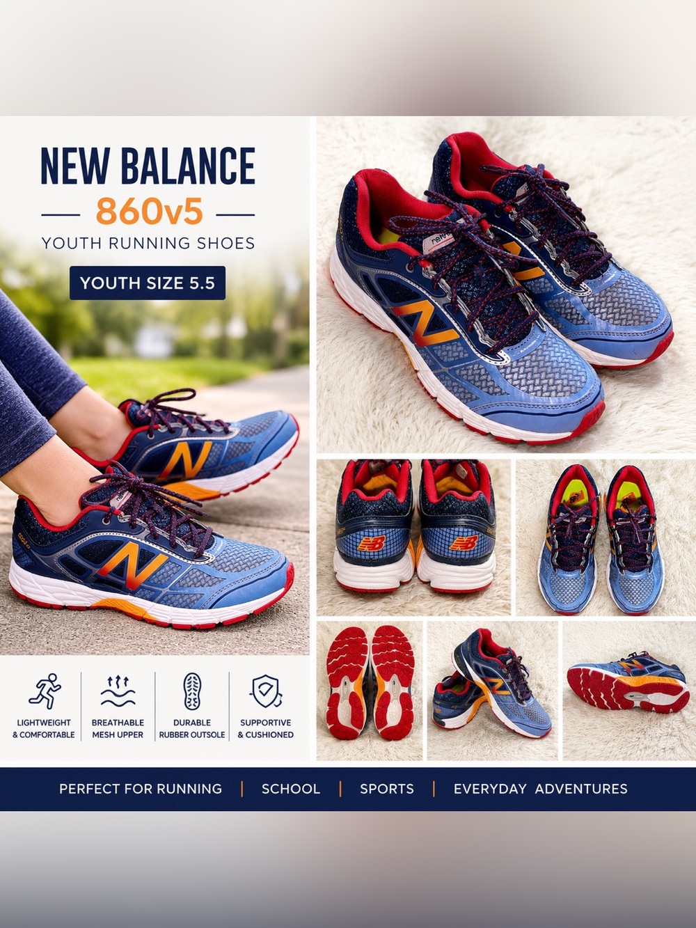 New Balance 860v5 Running Shoes Youth Size 5.5 Blue Orange Athletic Sneakers